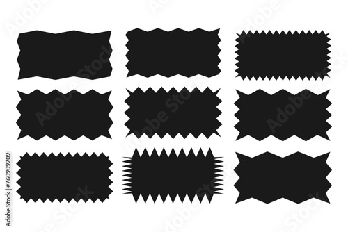 Collection of jagged rectangles. A set of uneven zigzag rectangular shapes. Black color. Isolated elements for design of text box, button, badge, banner, tag, sticker, badge. Vector illustration.