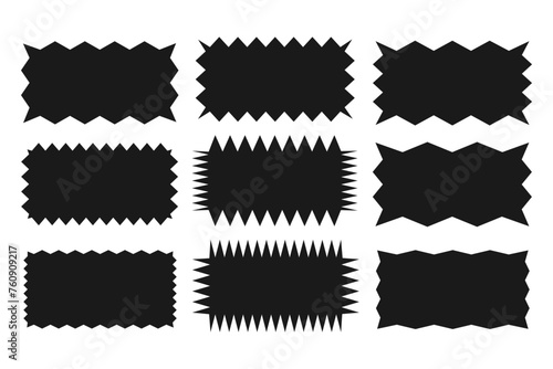 Collection of rectangles with jagged edges. A set of uneven zigzag rectangular shapes. Black color. Isolated elements for design of text box, button, badge, banner, tag, sticker, badge. Vector illustr