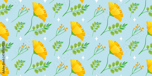 Yellow spring flowers on a blue background. Floral template with golden California poppy. The cheerful floral design for background, digital paper, wallpaper, fabric. Vector Seamless pattern.