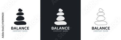 Zen stones logo template vector illustration. Balance rocks logotype concept. Smooth pebble signs set for spa, wellness, beauty designs, business cards, company branding. Black, white meditation icons