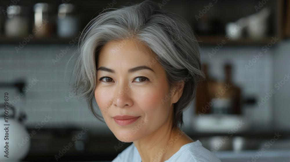 A woman with gray hair is sitting in a kitchen. She is wearing a brown jacket and a shirt A woman with gray hair is sitting in a kitchen. She is wearing a brown jacket and a shirt