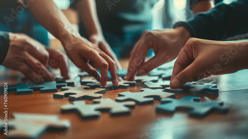 A group collaborating on a puzzle  symbolizing problem-solving and teamwork in a corporate workshop  business persons  with copy space