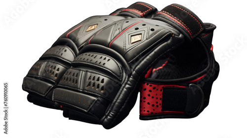 Close up of a black and red catchers mitt in striking detail, highlighting the intricate stitching and texture