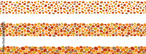 Pebble border frame repeat texture. Cobble stones vector seamless pattern. Cartoon pavement template wallpaper. cobbled street endless background for game, landscape outdoor and indoor interiors.