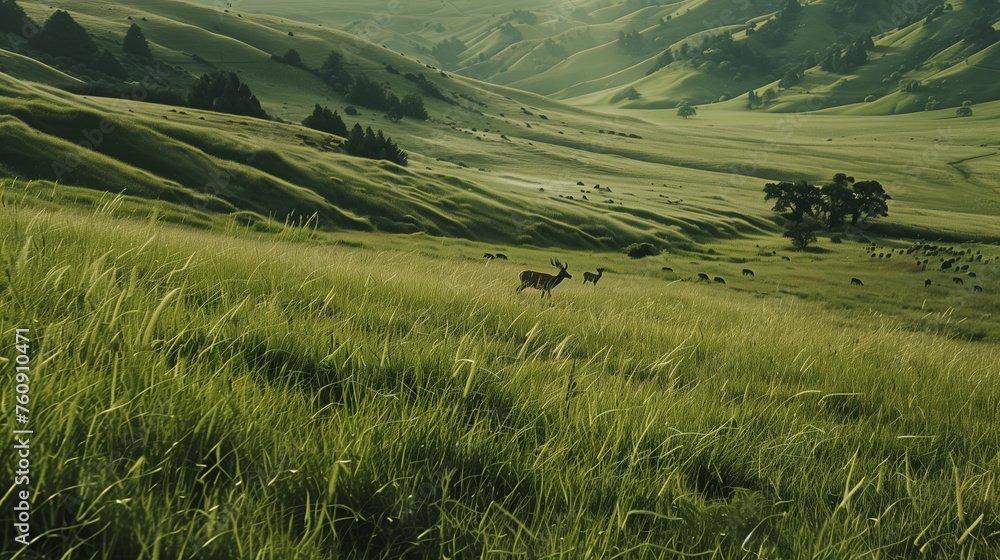 A sweeping field with grazing deer on their seasonal journey through lush grasslands