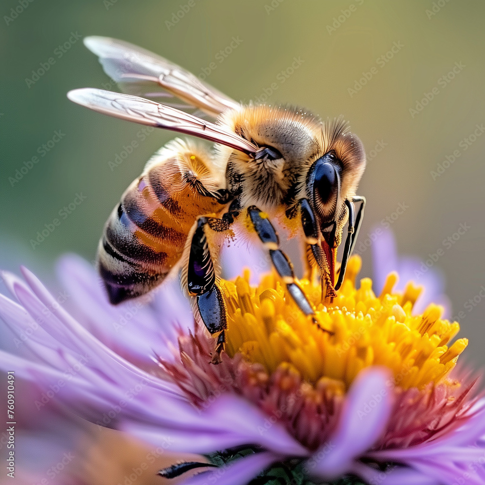 A honeybee collecting pollen from a freshly bloomed flower, highlighting the vital role of pollinators in spring migration A honeybee collecting pollen from a freshly bloomed flower, highlighting the vital role of pollinators in spring migration