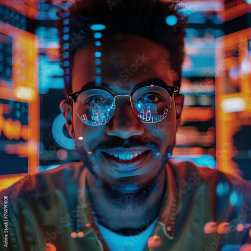 portrait of a man with glasses reflection of computer graphics