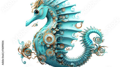 A blue sea horse adorned with intricate patterns on its body, showcasing a unique and artistic design