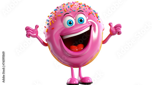 A pink donut with colorful sprinkles and googly eyes