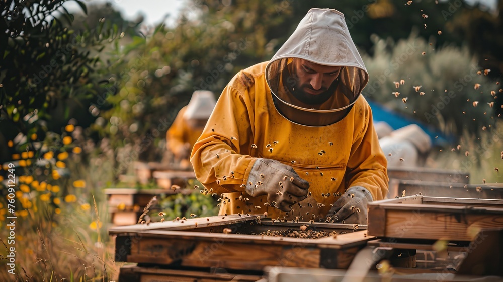 male beekeeper works hive bees honey male beekeeper works hive bees honey