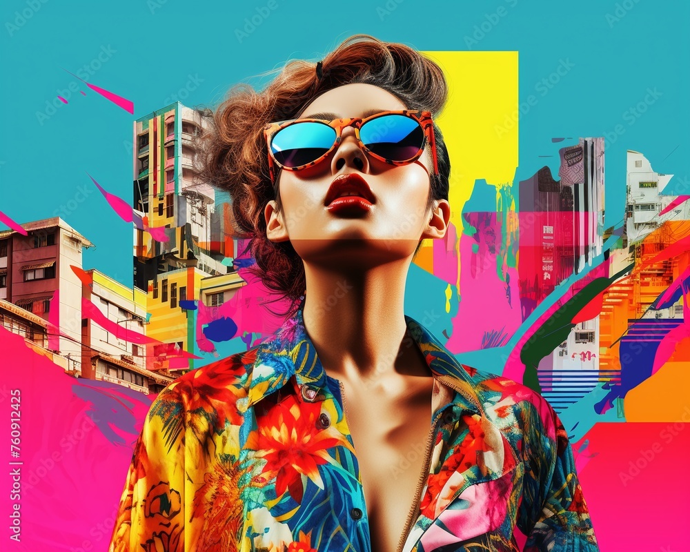 Abstract urban chic Rio de Janeiro meets Seoul colorful conceptual fashion poster style - obrazy, fototapety, plakaty 