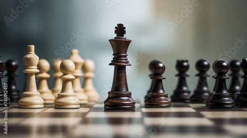Business strategy as a game of chess with focus on teamwork and checkmate moves for management victory photo