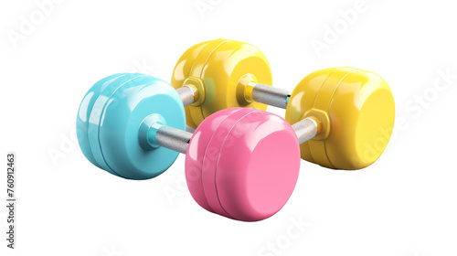 Three colorful dumbbells resting on a clean white surface