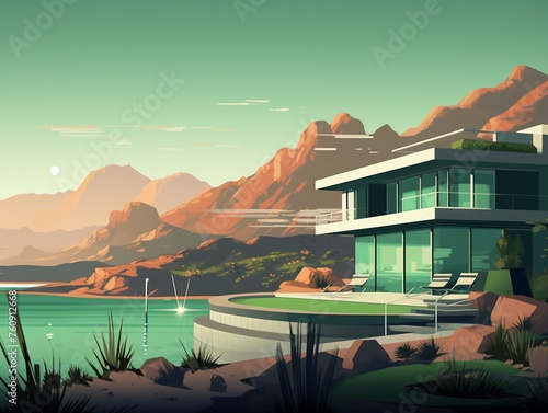 Retro poster perspective from distance mountains embrace hot silver geometric accents minimalist green summer lotus focus modern villas sparkle © Rungkan