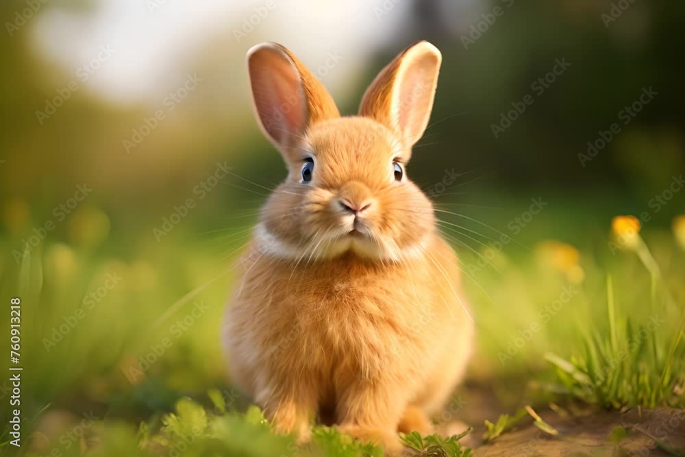 A cute orange rabbit sitting in green grass, looking forward with big eyes, in a sunny and natural outdoor setting. A cute orange rabbit sitting in green grass, looking forward with big eyes, in a sunny and natural outdoor setting.