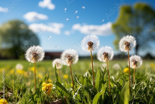 Spring meadow with yellow dandelions  fresh green grass  and soft blurred background