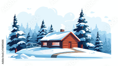 Cozy winter scene with a snow-covered cabin and pin © visual