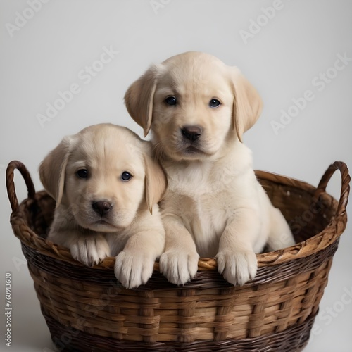 Adorable Black and White Labrador Puppies Sitting in a Wicker Basket