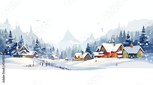 Cozy winter scene with a snow-covered village and t