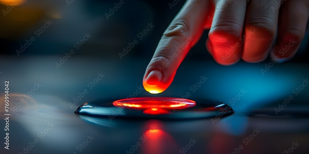 Hand poised over button in dramatic setting creates suspenseful atmosphere imminent decision. Concept Suspenseful Moment, Decision Making, Dramatic Setting, Hand Gesture, Intense Emotion - obrazy, fototapety, plakaty 