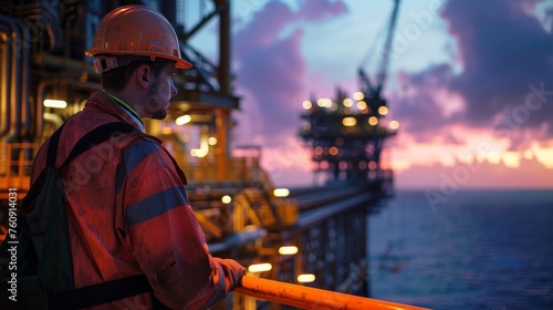 worker performing a task checking the functions of a pneumatic control valve in an offshore oil and gas process platform, technician