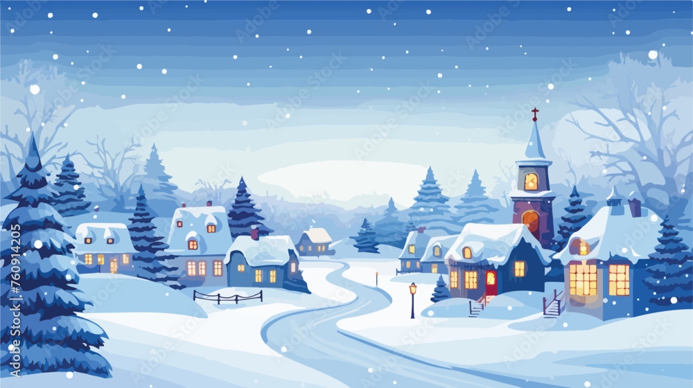 Cozy winter scene with a snow-covered village and t
