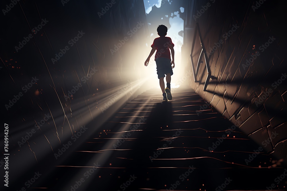 Man walking up the stairs to the light. 3D Rendering