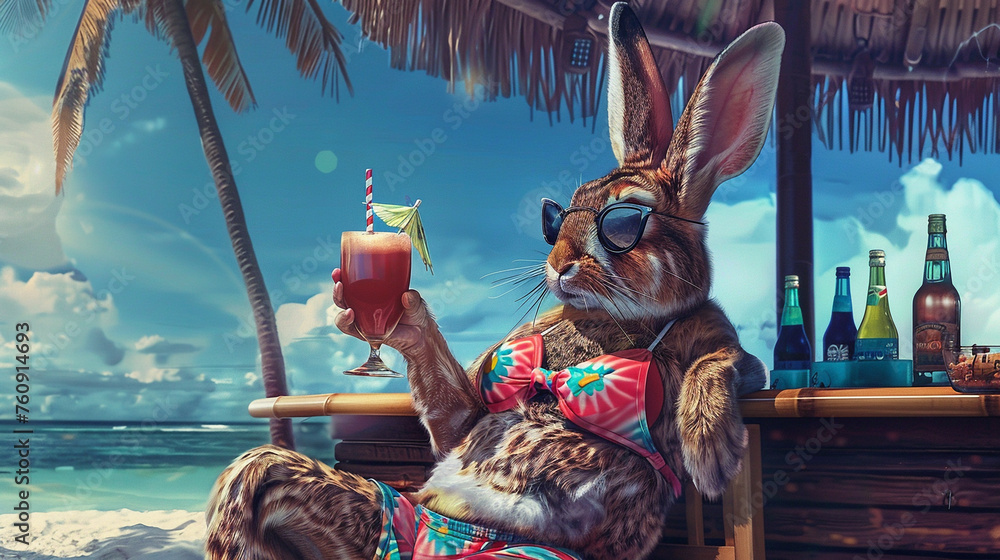 Anthropomorphic cute bunny sitting at a tropical beach bar and drinking a cocktail. Concept of summer, holidays, recreation - obrazy, fototapety, plakaty 