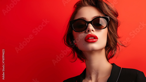 Woman Wearing Sunglasses on Red Background