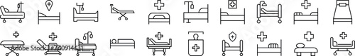 Set of line icons of hospital bed. Editable stroke. Simple outline sign for web sites, newspapers, articles book