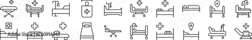 Pack of linear symbols of hospital bed. Editable stroke. Linear symbol for web sites, newspapers, articles book