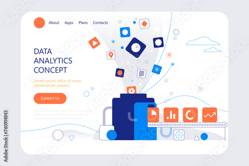An idea of analytics. Depicting how raw data is processed to produce actionable information. People interacting with charts and analysing statistics. Data visualisation concept vector illustration