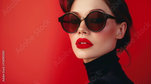 Woman With Red Lipstick and Sunglasses on a Red Background