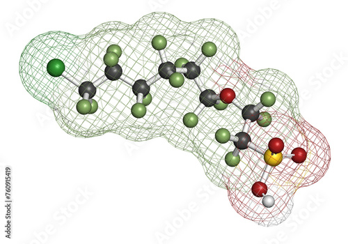 Chlorinated polyfluoroalkyl ether sulfonic acid (6:2 Cl-PFESA) PFAS class molecule.