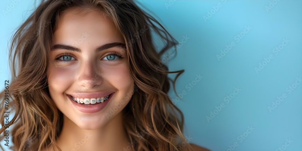 Young woman smiling showcasing her braces on brunette hair dental care concept . Concept Dental Care, Braces, Smiling Portrait, Young Woman, Brunette Hair