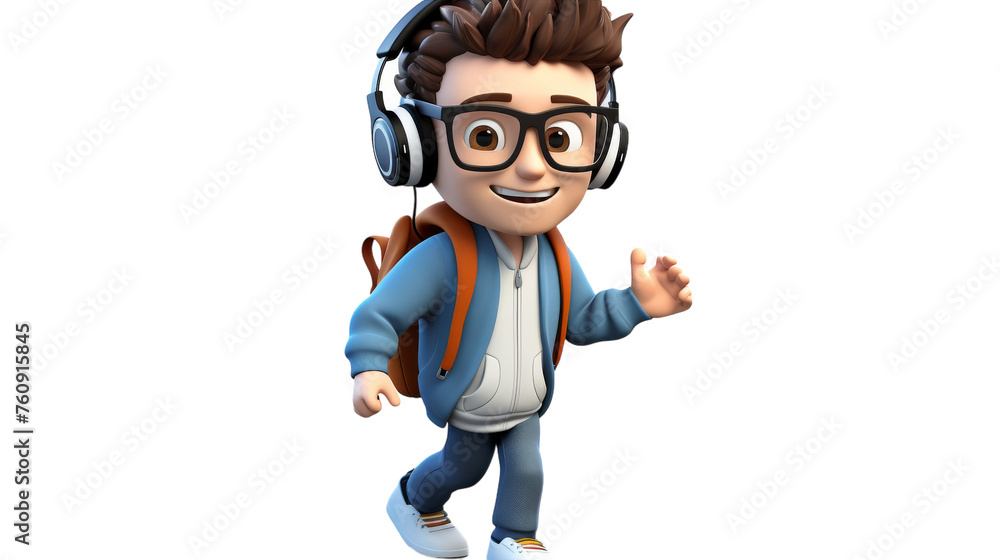 A colorful cartoon character wearing headphones and carrying a backpack, ready for a musical adventure