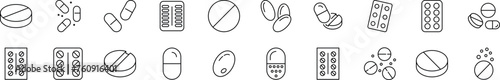 Collection of thin line icons of pills. Editable stroke. Simple linear illustration for web sites, newspapers, articles book