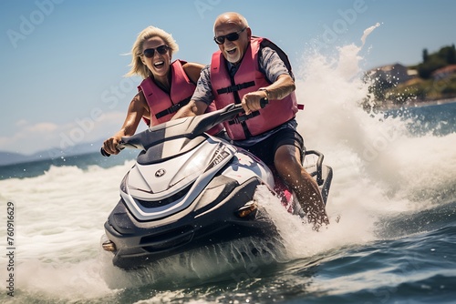 Senior couple riding a water scooter in the sea on a sunny day photo