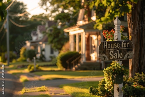 A house for sale sign stands prominently on a residential street surrounded by lush greenery.