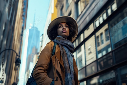 A stylish woman in a hat and scarf walks through a bustling city street, exuding confidence and elegance. © AiHRG Design