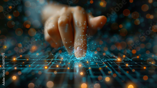 Human hand touching big data artificial intelligence network. blending between human and technology concept.