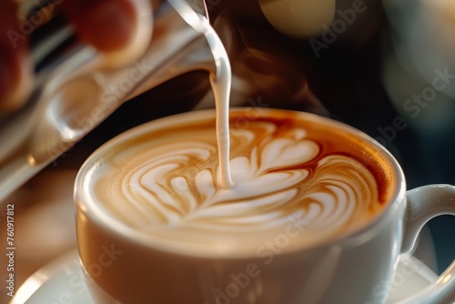 A baristas hand delicately pours milk into a cup of coffee, creating a mesmerizing swirl of cream and espresso.