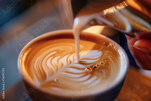 A baristas hand elegantly pours milk into a steaming cup of coffee, creating a mesmerizing swirl of colors and textures.