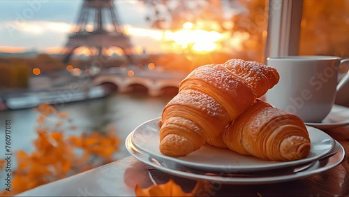 Delicious french croissants on romantic background of Eiffel tower. Created with Generative AI. photo