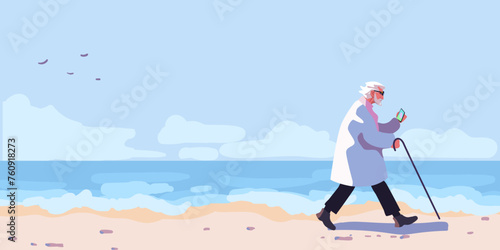 An elderly man in a raincoat with an umbrella on the beach on a sunny day. Shore with beach and waves. Ocean view poster. Blue sky with clouds over the sea. Background for poster, banner and flyer