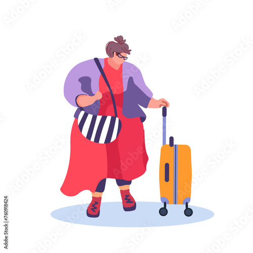 Large woman with a suitcase on wheels. Cartoon character girl in a red dress and glasses. Fashion for overweight women. Flat vector illustration