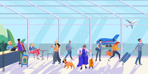 Sunny Interior inside the airport terminal with people and luggage. Airport lounge on a sunny day. A large woman with a dog and a running girl. Flight check in counter. Flat vector illustration for
