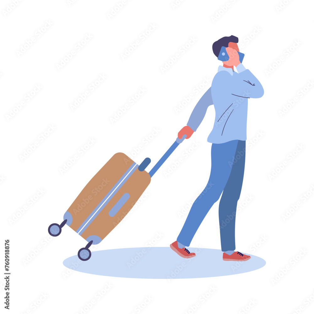A young man walks with luggage and talks on the phone. Yellow bag on wheels. Hand graw Isolated cartoon. Flat vector illustration A young man walks with luggage and talks on the phone. Yellow bag on wheels. Hand graw Isolated cartoon. Flat vector illustration