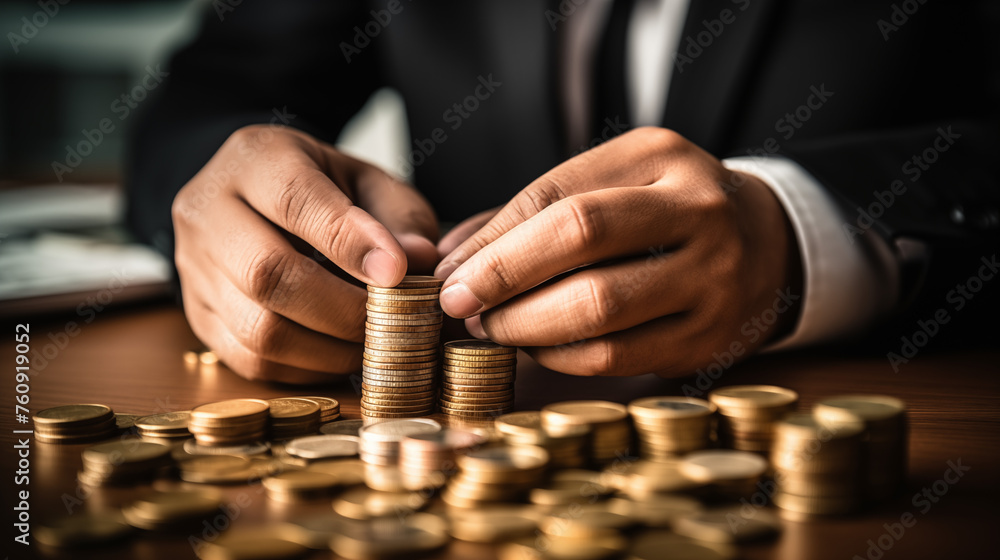 Businessman Stacking Coins on Wooden Table
Businessman Stacking Coins on Wooden Table