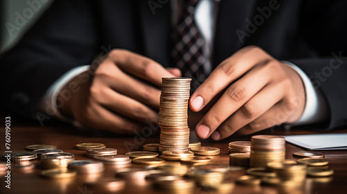 Businessman Stacking Coins on Wooden Table
 photo